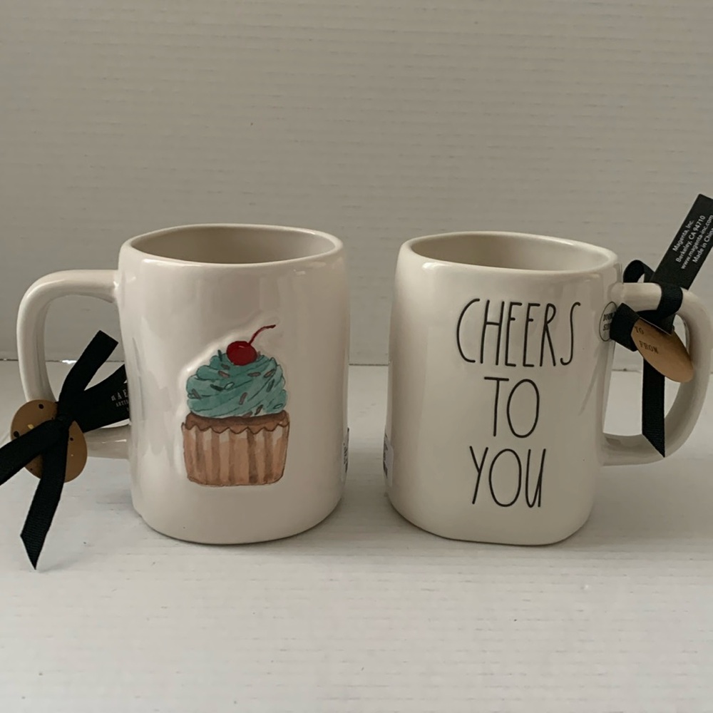 Rae Dunn CHEERS TO YOU Cupcake Double Sided Happy Birthday Coffee Cup Mug NEW